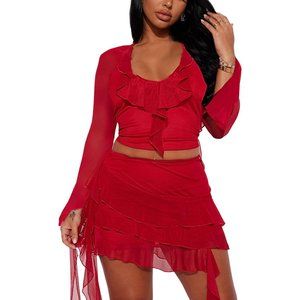 Women Red Sheer Bodycon Sleeveless V-Neck Short Backless Ruffle Club Sexy Dress
